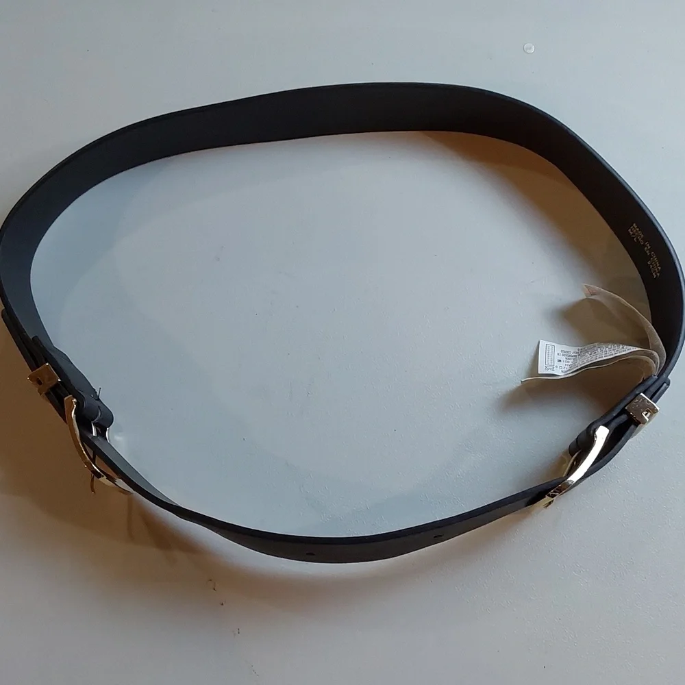 Womens Edgy Black Leather Belt with Double Gold Buckles Adjustable Mod Sz.M/L